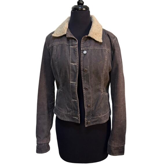 Guess Jeans Sherpa Lined Denim Jacket M EUC Taupe Wash Faux Shearling - Picture 1 of 10